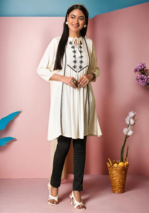 Off White Embroidered Polyester Kurta
