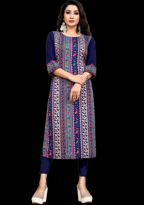 Blue Printed Crepe Kurta