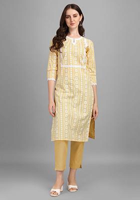 Yellow Printed Cotton Kurta