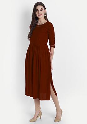 Maroon Solid Rayon Dress