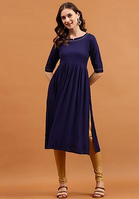 Navy Blue Solid Rayon Dress