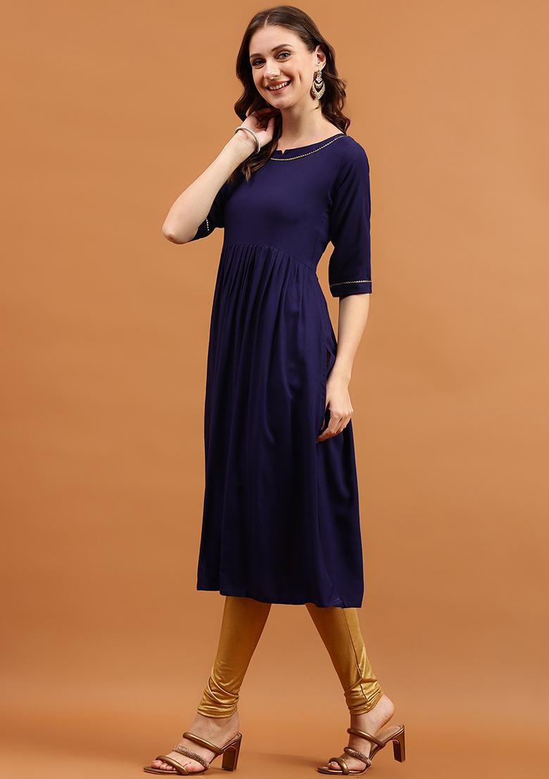 Navy Blue Solid Rayon Dress