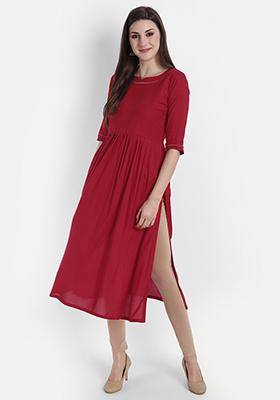 Red Solid Rayon Dress