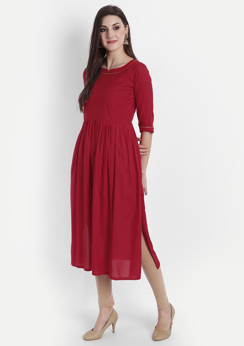 Red Solid Rayon Dress