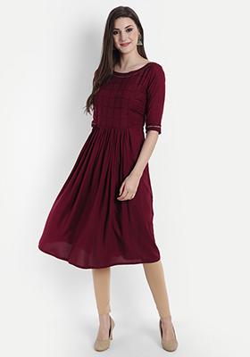 Maroon Solid Rayon Dress