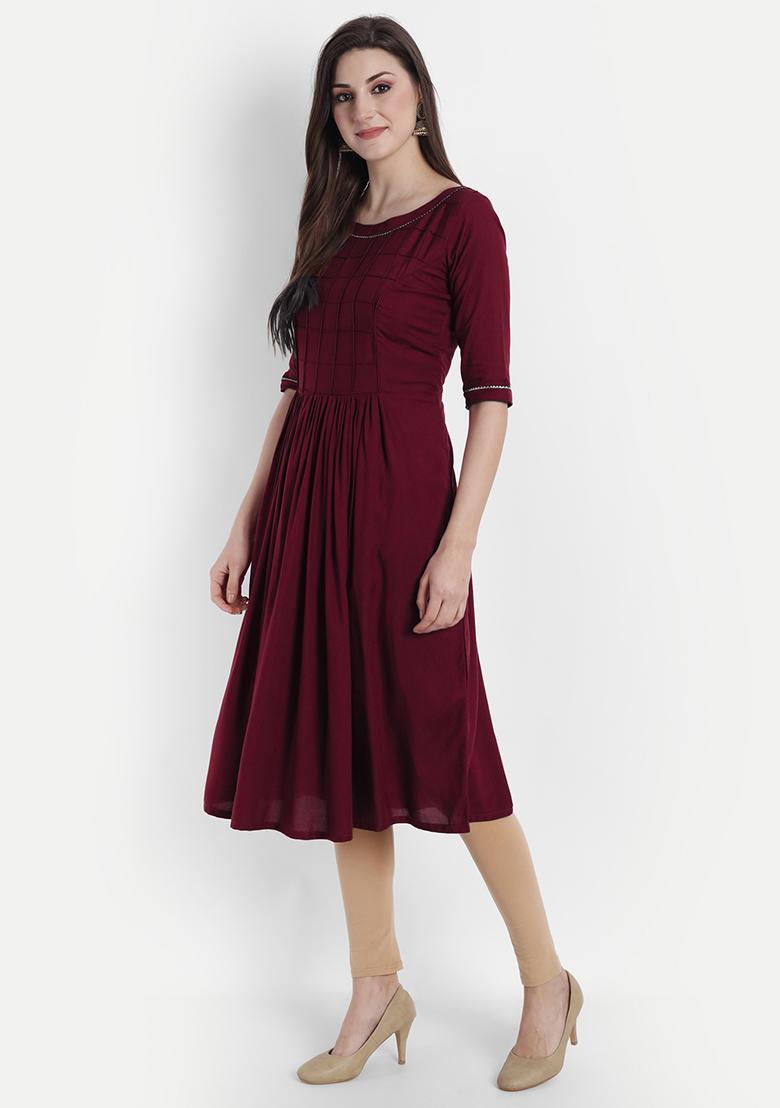 Maroon Solid Rayon Dress