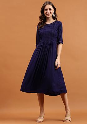Navy Blue Solid Rayon Dress