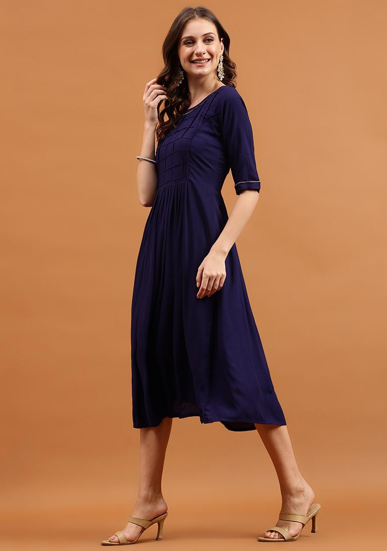 Navy Blue Solid Rayon Dress