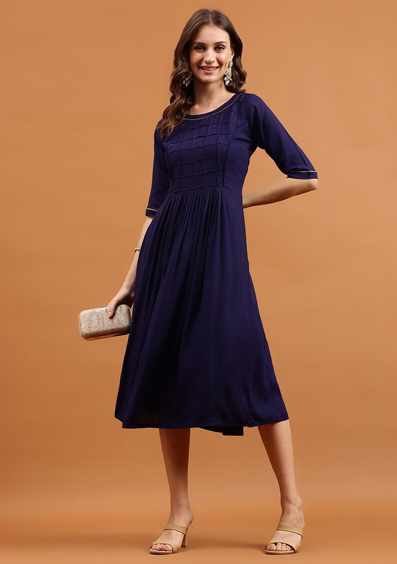Navy Blue Solid Rayon Dress