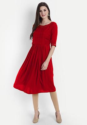 Red Solid Rayon Dress