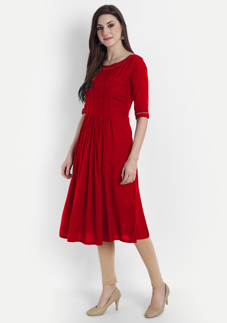 Red Solid Rayon Dress