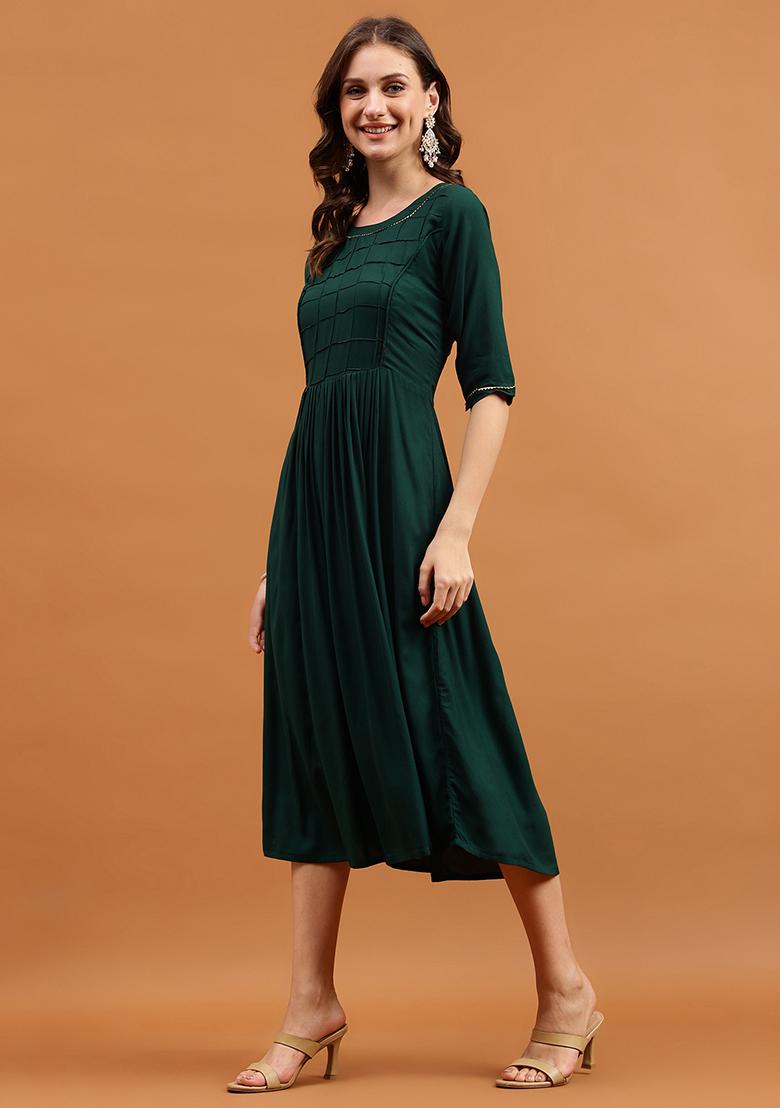 Green Solid Rayon Dress