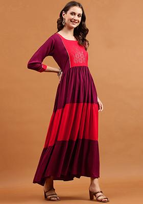Red And Wine Embroidered Rayon Dress