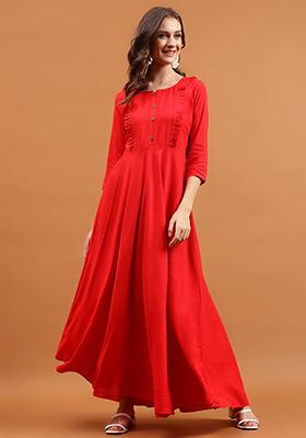 Red Solid Rayon Dress