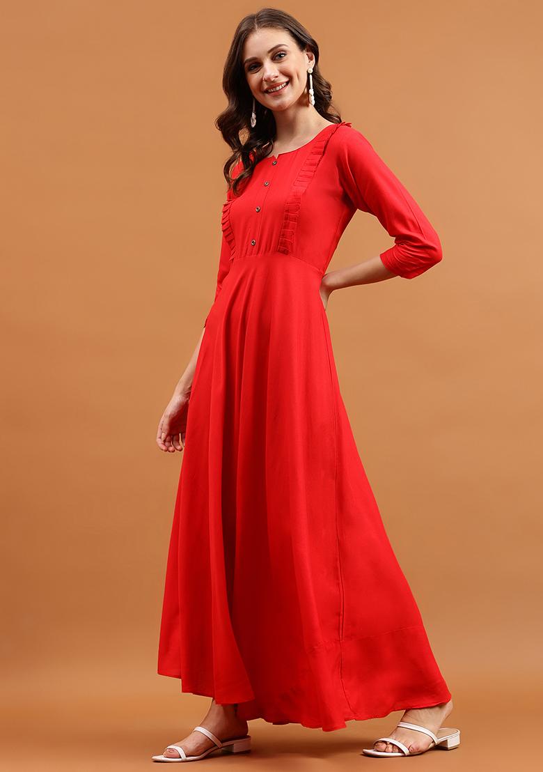 Red Solid Rayon Dress