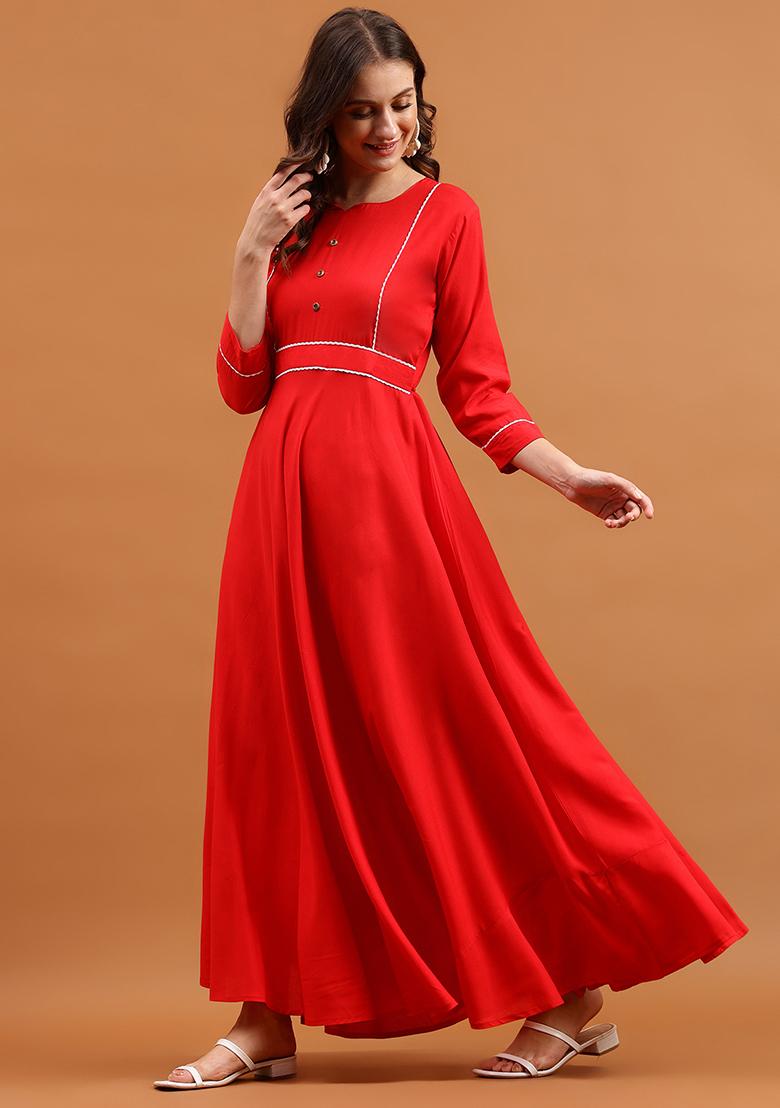 Red Solid Rayon Dress