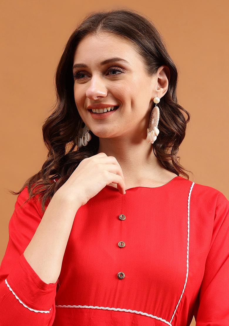 Red Solid Rayon Dress