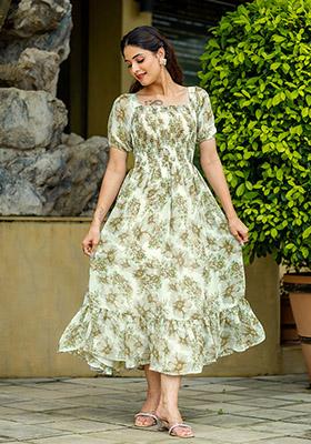 White & Olive Green Printed Georgette Dress