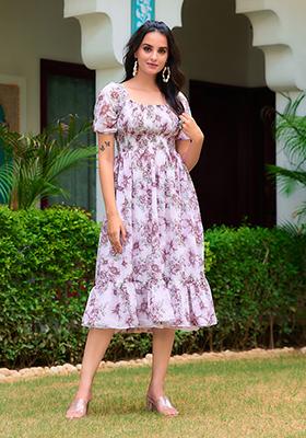 White And Purple Printed Georgette Dress