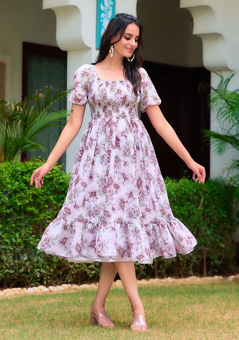 White And Purple Printed Georgette Dress