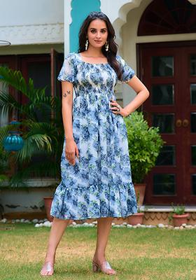 White And Blue Printed Georgette Dress