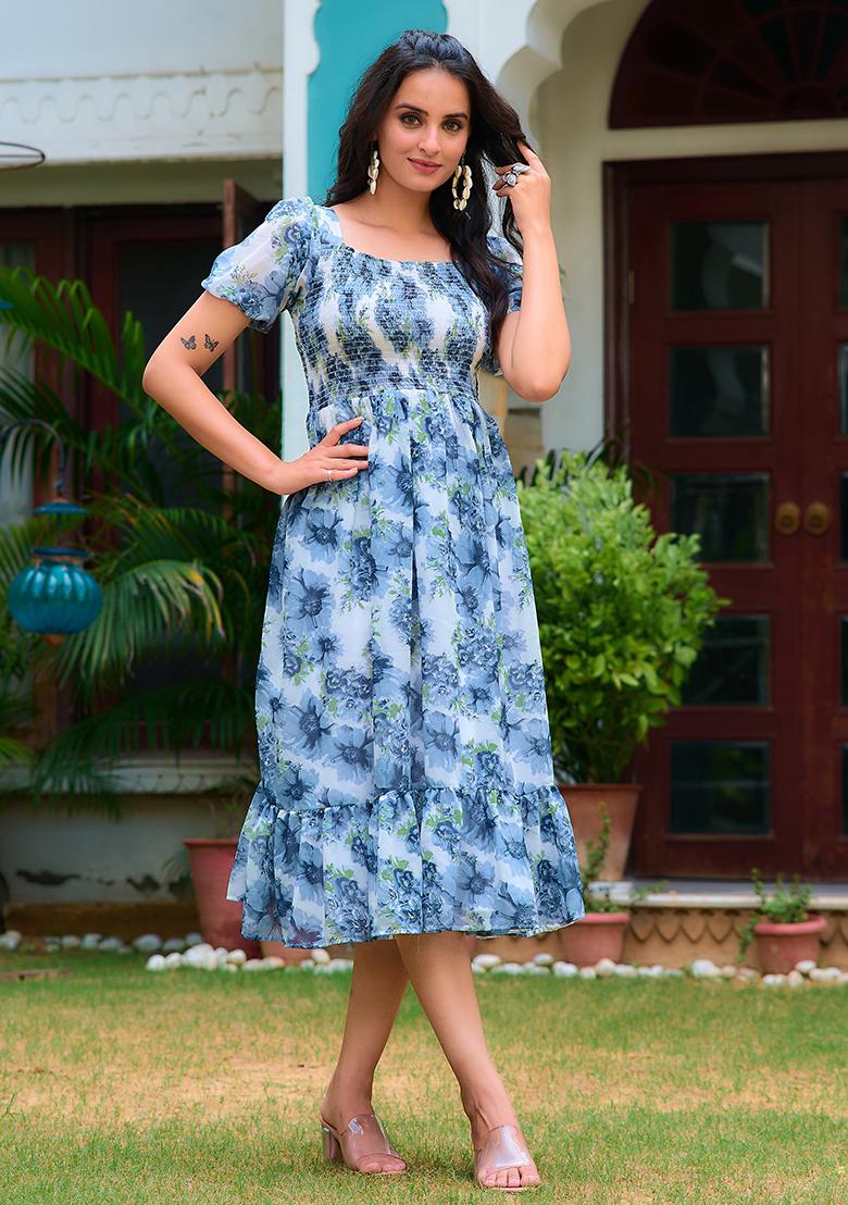 White And Blue Printed Georgette Dress
