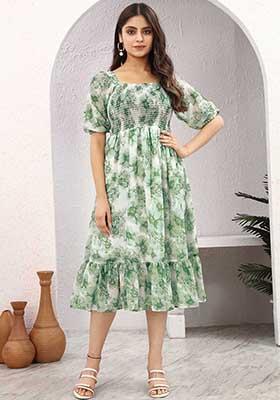 White & Green Printed Georgette Dress