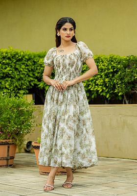 White & Green Printed Georgette Dress
