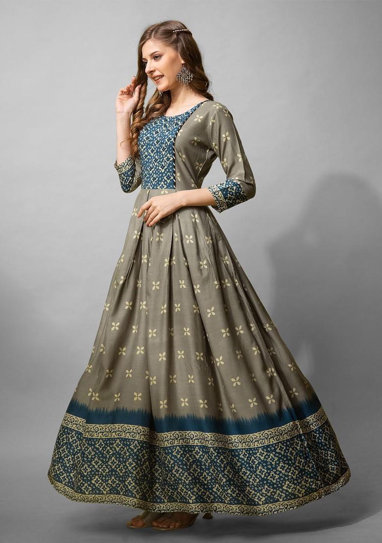 Grey Floral Printed Cotton Dress