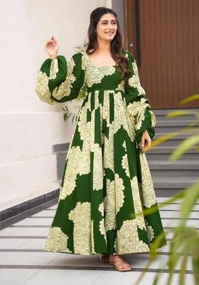Green Abstract Print Rayon Gown