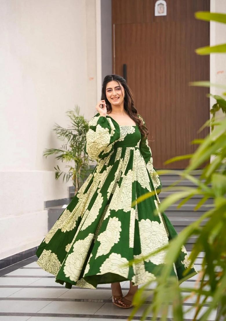 Green Abstract Print Rayon Gown
