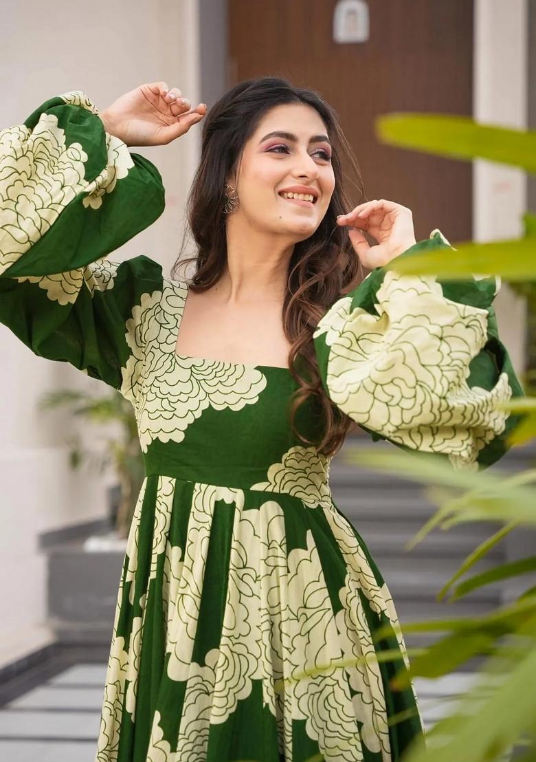 Green Abstract Print Rayon Gown