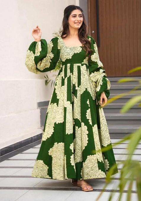 Green Abstract Print Rayon Gown