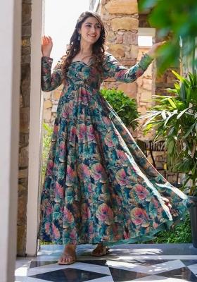 Teal Blue Abstract Print Rayon Gown