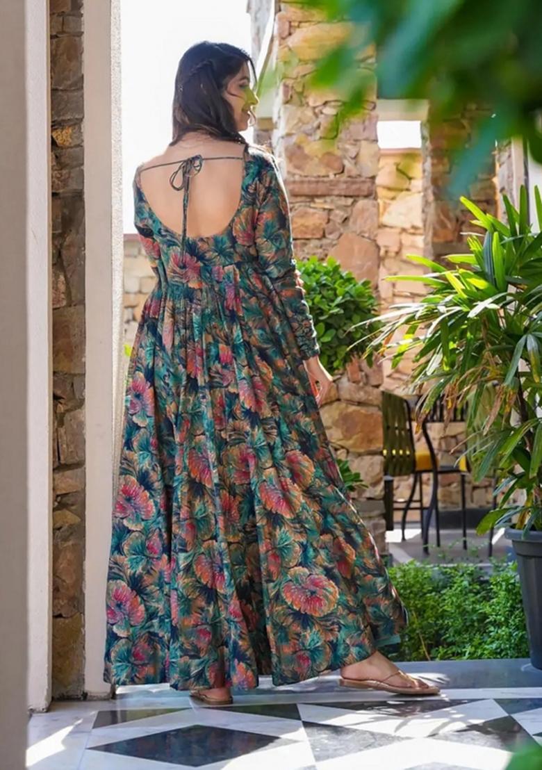 Teal Blue Abstract Print Rayon Gown