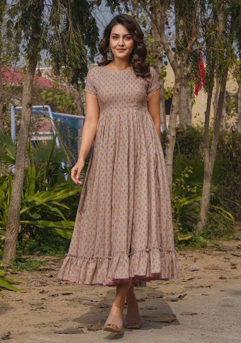 Beige Printed Rayon Gown - Indya