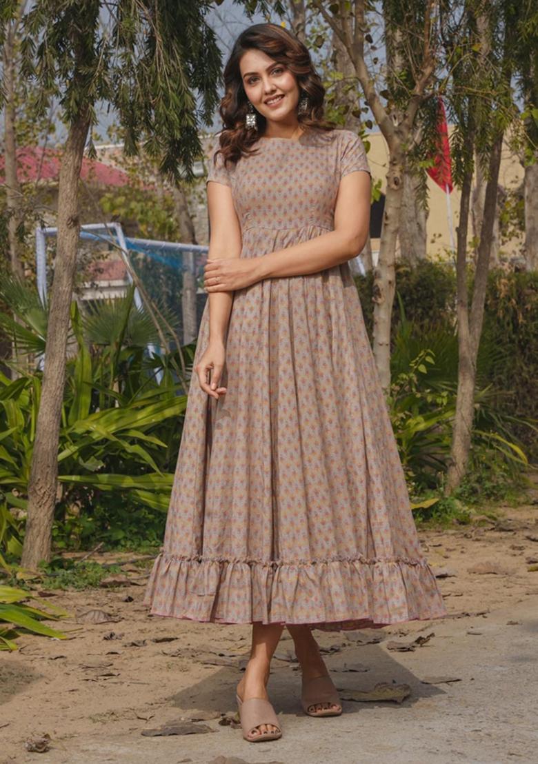 Beige Abstract Print Rayon Gown