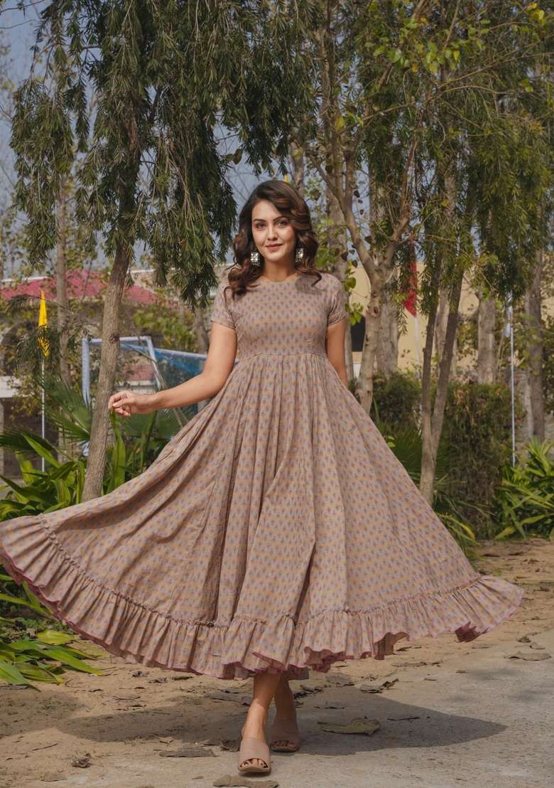 Beige Printed Rayon Gown - Indya