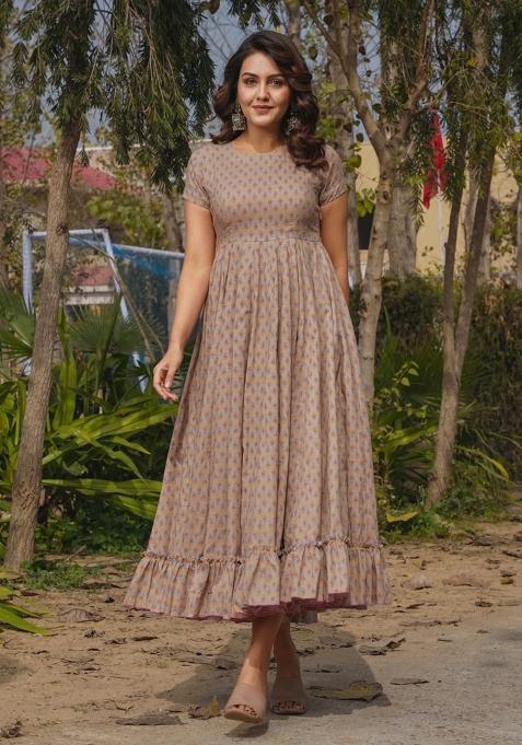 Beige Abstract Print Rayon Gown