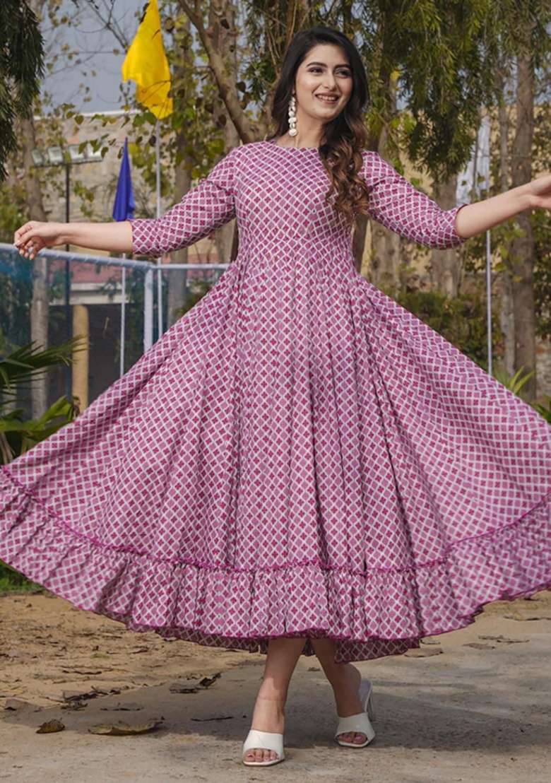 Pink Printed Rayon Gown - Indya