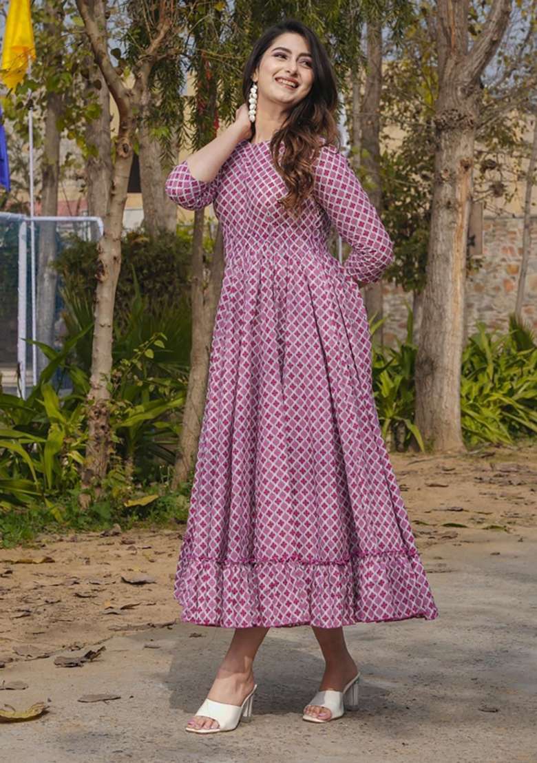 Pink Printed Rayon Gown - Indya