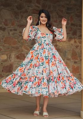 Off White Abstract Print Rayon Gown