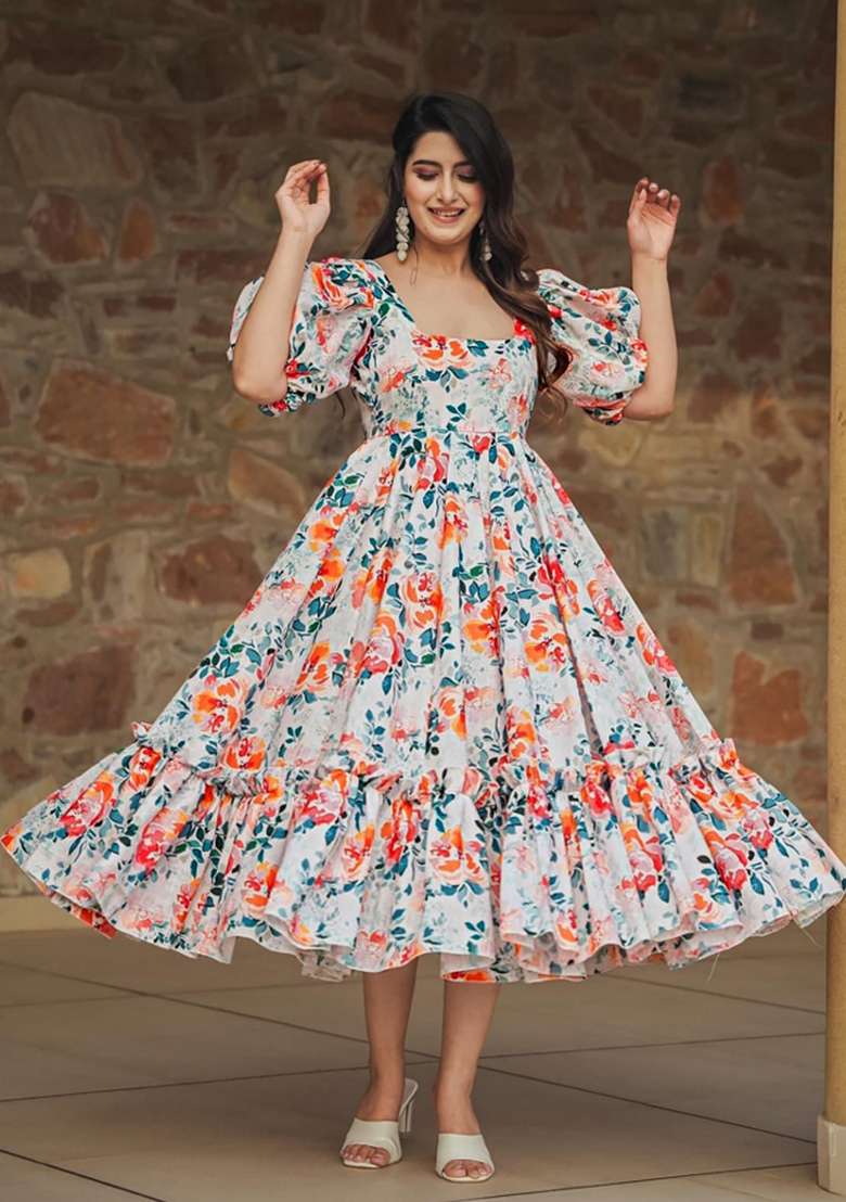 Off White Printed Rayon Gown - Indya