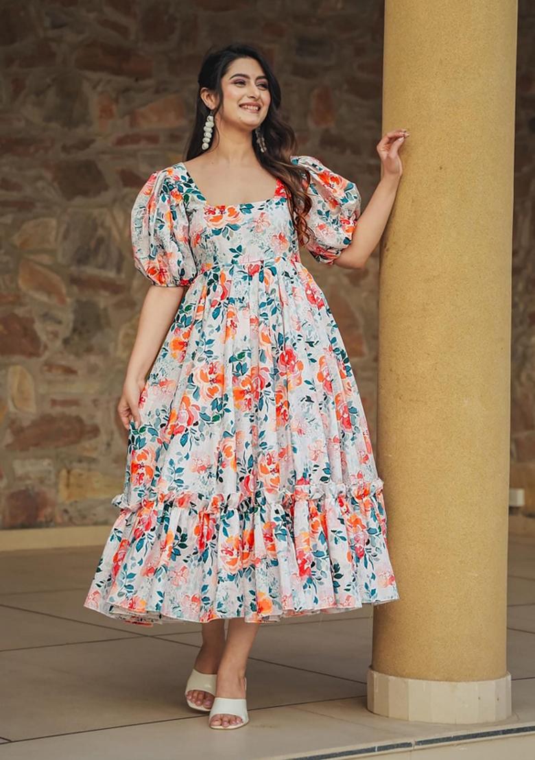 Off White Abstract Print Rayon Gown