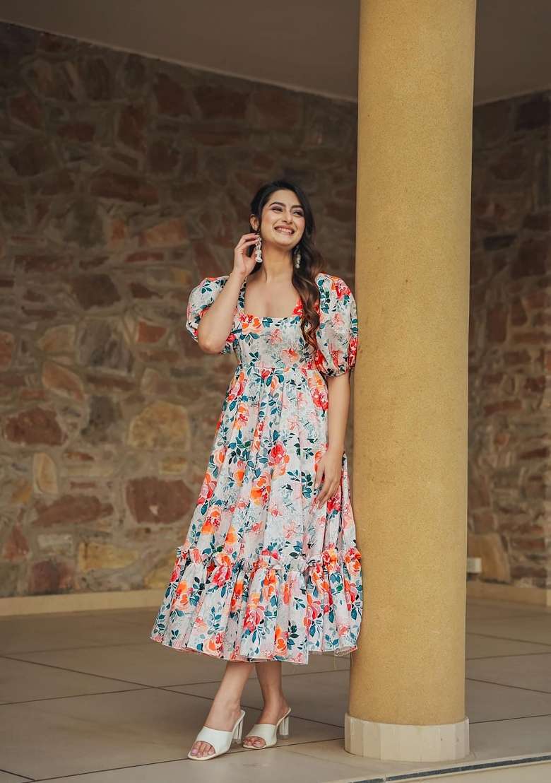Off White Printed Rayon Gown - Indya