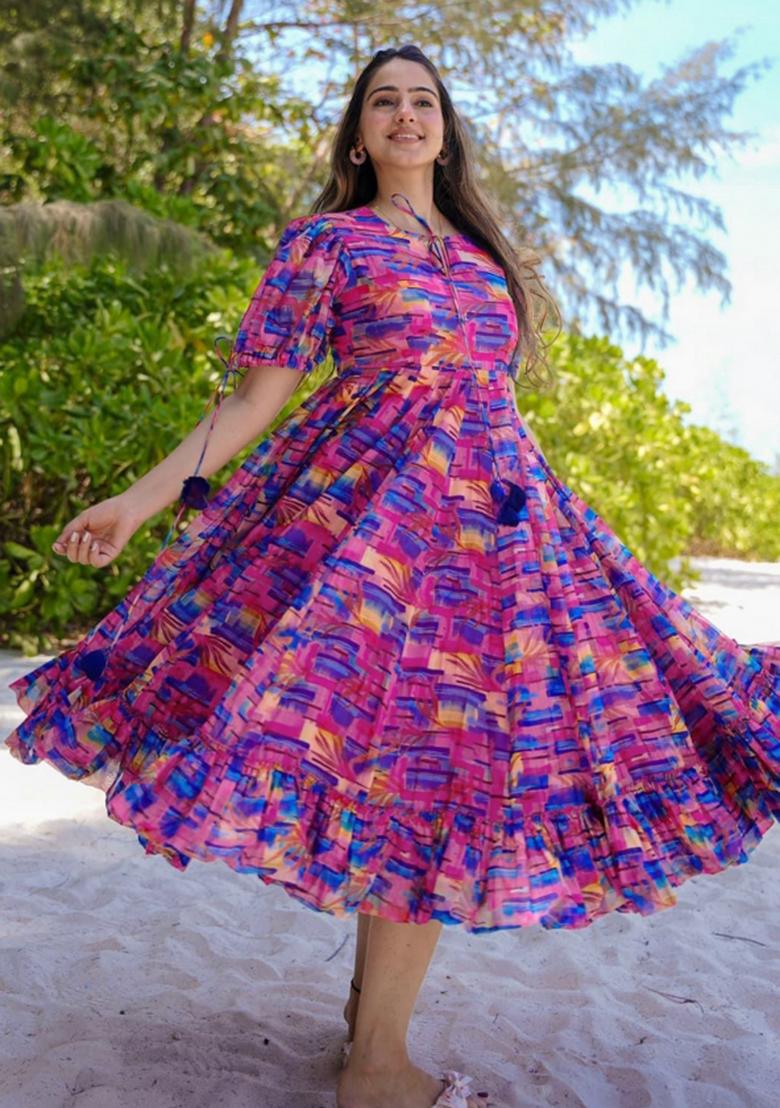 Lavender Abstract Print Rayon Gown