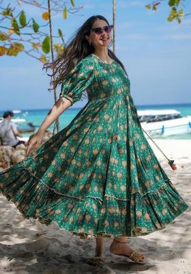 Green Abstract Print Rayon Gown