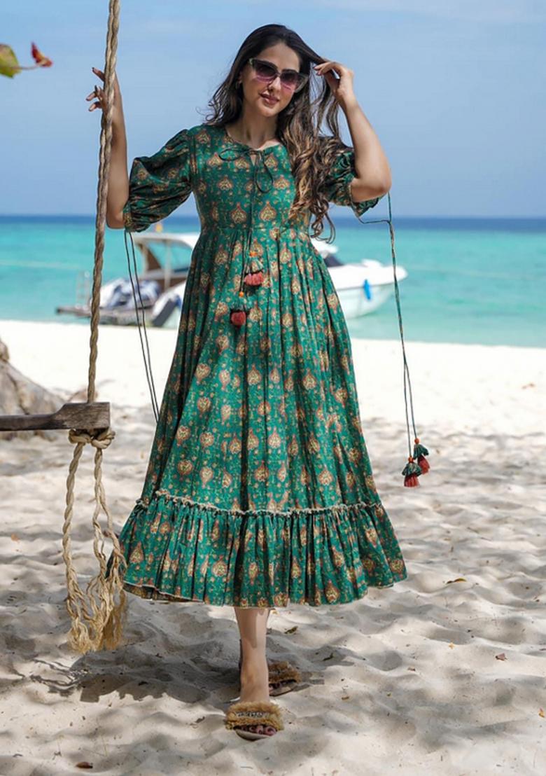 Green Abstract Print Rayon Gown