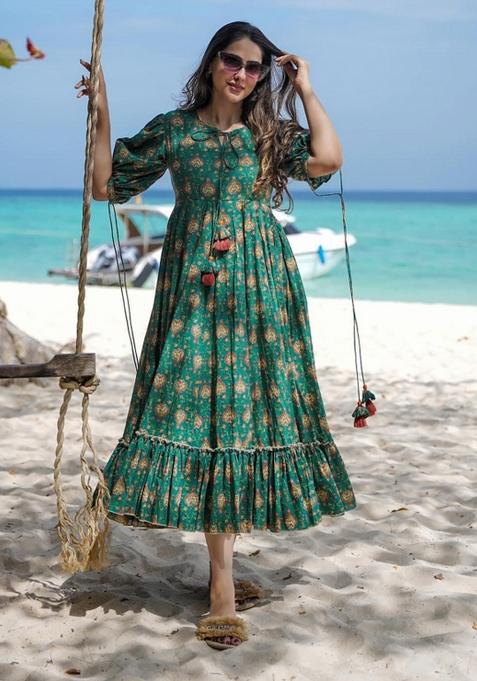 Green Abstract Print Rayon Gown