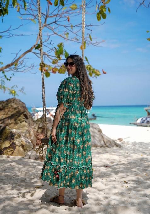 Green Abstract Print Rayon Gown